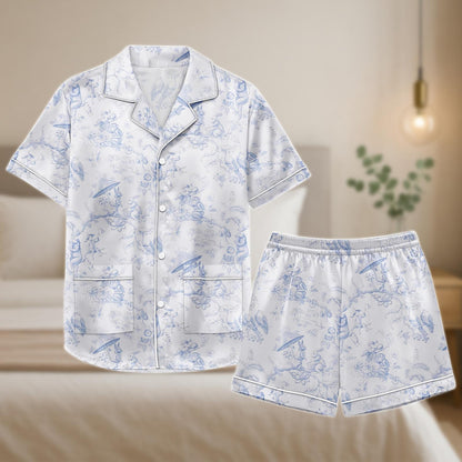 Oriental Toile Satin Pajama Set, Umbrella Fan Scene Print Shorts and Shirt, Blue Line Art Sleepwear, Lightweight Lounge Gift