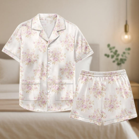 Pink Rose Floral Satin Pajama Set, Cottagecore Sleepwear, Romantic Short Sleeve Pajamas with Shorts, Soft Summer Loungewear