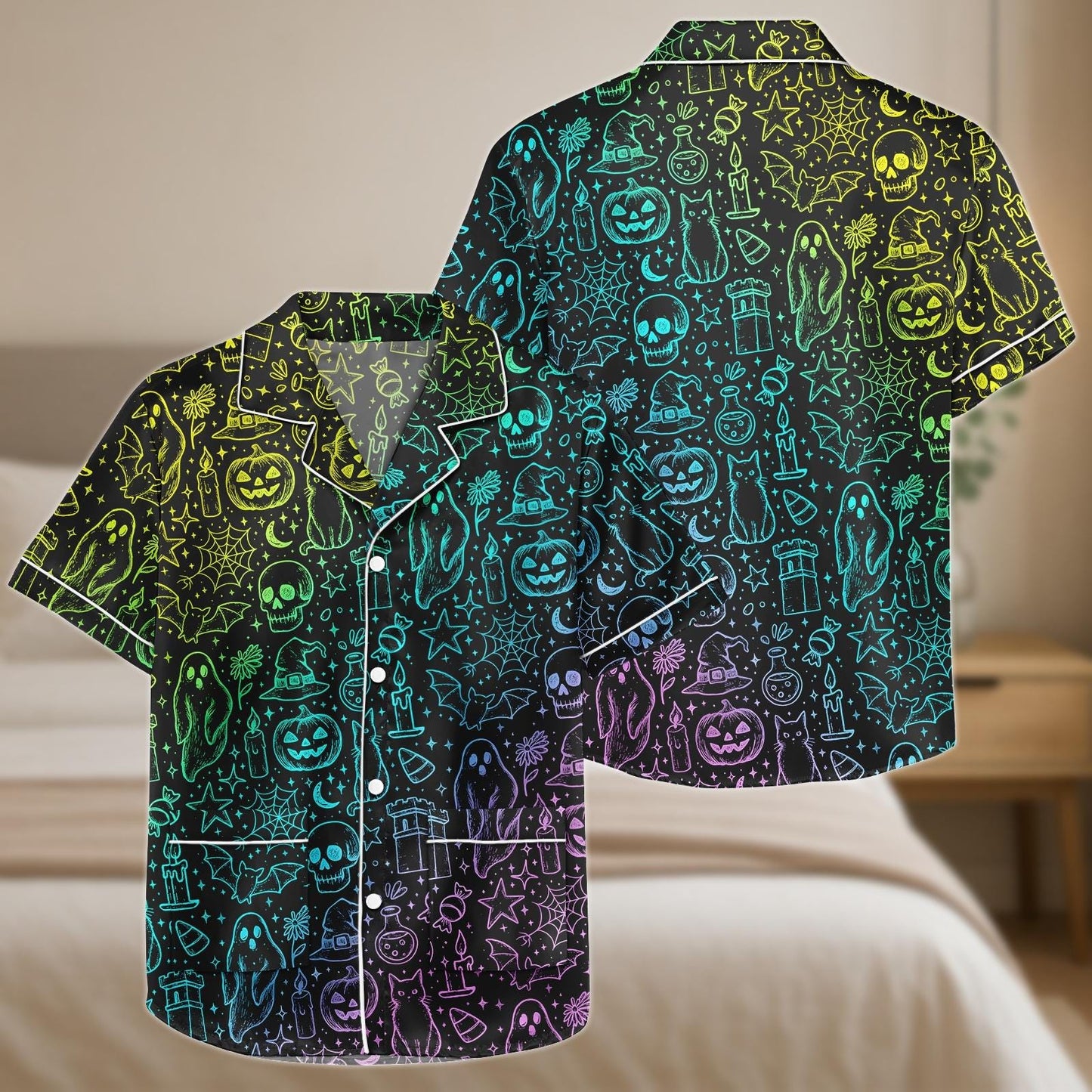 Rainbow Halloween Pajama Set, Ghost Pumpkin Skull Satin Shorts Set, Spooky Cute Sleepwear, Rainbow Witchy Nightwear for Her