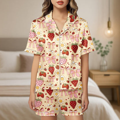 Strawberry Bow Pajama Set, Cute Fruit Satin Sleepwear for Women, Girly Short Sleeve Lounge Set, Summer Strawberry Shorts PJs
