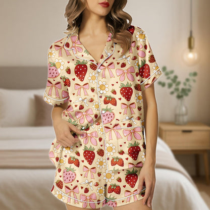 Strawberry Bow Pajama Set, Cute Fruit Satin Sleepwear for Women, Girly Short Sleeve Lounge Set, Summer Strawberry Shorts PJs