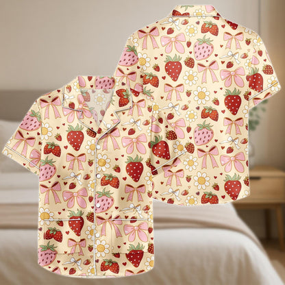 Strawberry Bow Pajama Set, Cute Fruit Satin Sleepwear for Women, Girly Short Sleeve Lounge Set, Summer Strawberry Shorts PJs