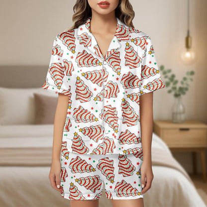 Christmas Tree Satin Pajama Set, Festive Holiday Short Sleeve PJs, Red Green Tree Print Sleepwear, Cute Christmas Shorts Set