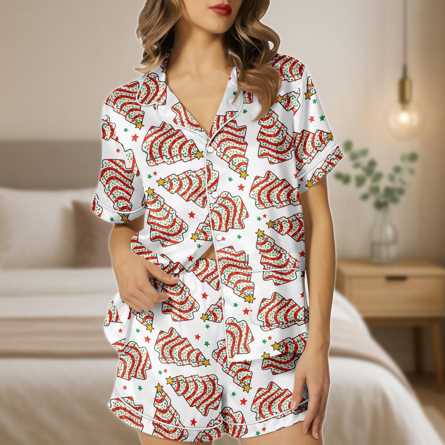 Christmas Tree Satin Pajama Set, Festive Holiday Short Sleeve PJs, Red Green Tree Print Sleepwear, Cute Christmas Shorts Set