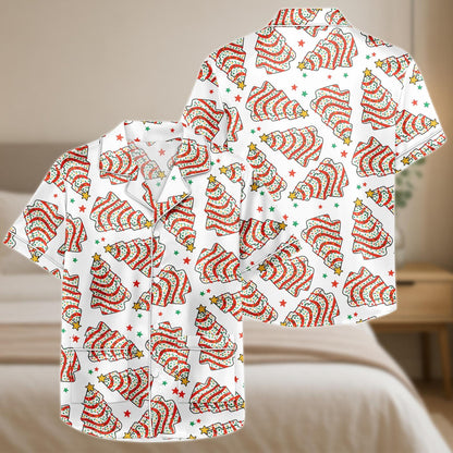 Christmas Tree Satin Pajama Set, Festive Holiday Short Sleeve PJs, Red Green Tree Print Sleepwear, Cute Christmas Shorts Set