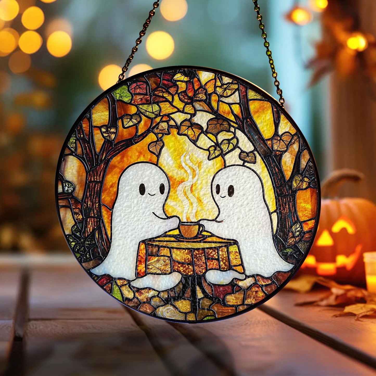 Cute Ghost Stained Glass Suncatcher – Halloween Window Hanging Decoration, Spooky Ghost Coffee Date Sun Catcher Gift for Gothic Home Décor