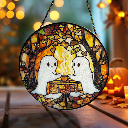 Cute Ghost Stained Glass Suncatcher – Halloween Window Hanging Decoration, Spooky Ghost Coffee Date Sun Catcher Gift for Gothic Home Décor