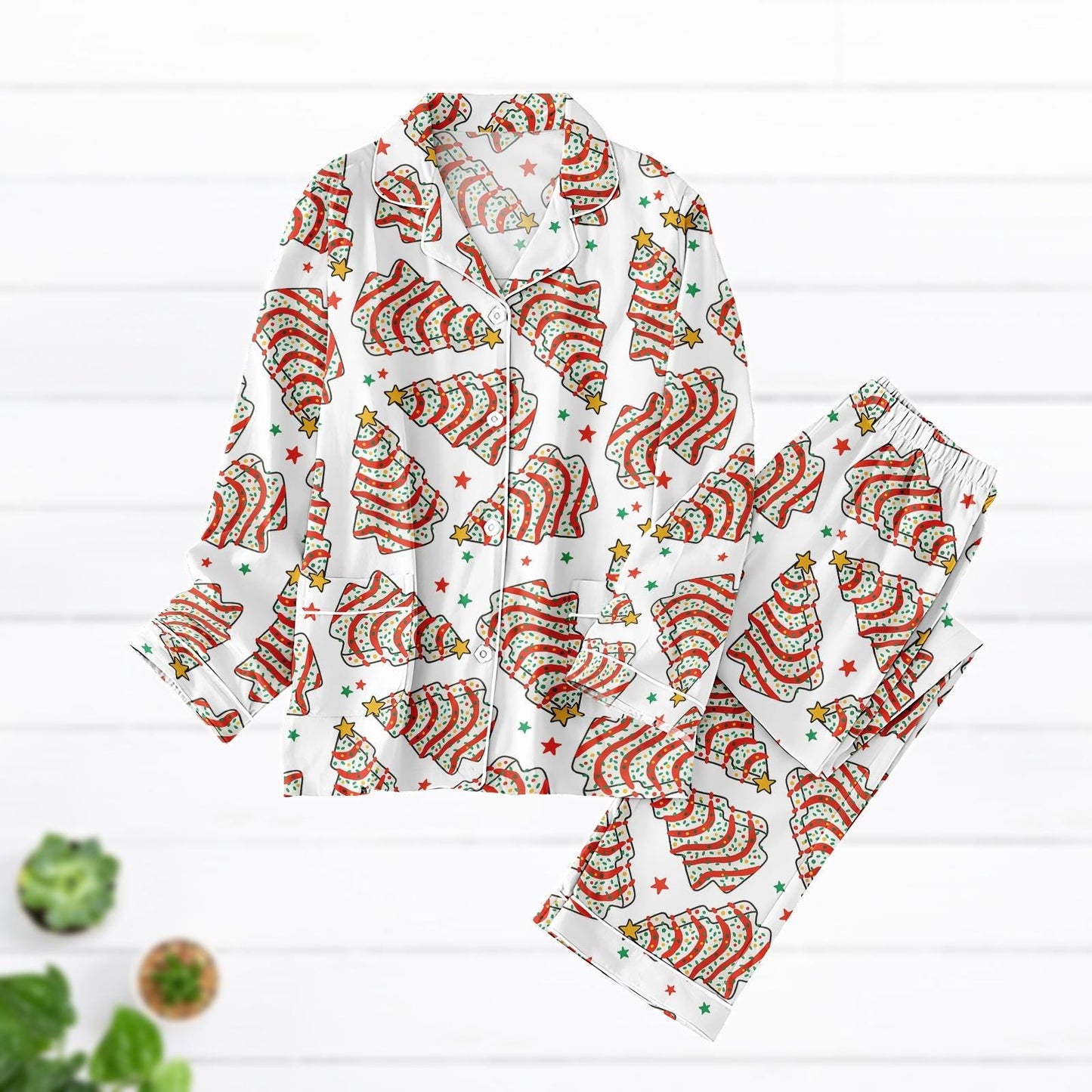 Christmas Tree Satin Pajamas, Long Sleeve Holiday PJs, Red Green Xmas Sleepwear Set, Cozy Christmas Gift for Her, Cute Christmas Lounge