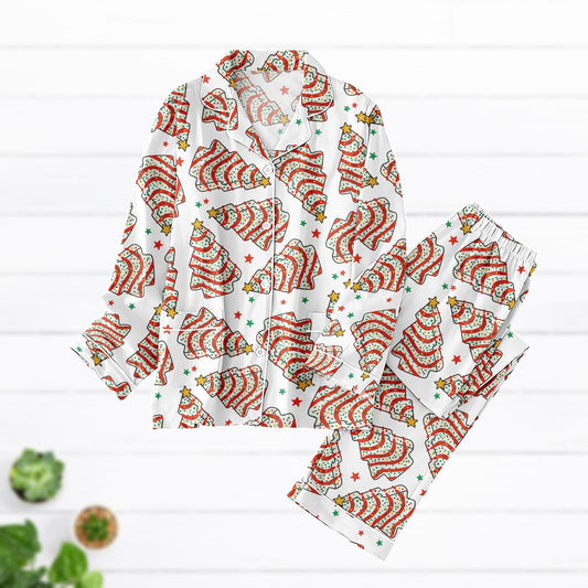 Christmas Tree Satin Pajamas, Long Sleeve Holiday PJs, Red Green Xmas Sleepwear Set, Cozy Christmas Gift for Her, Cute Christmas Lounge