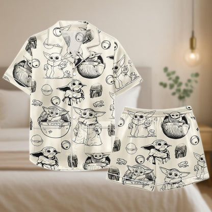 Grogu Baby Yoda Pajama Set, Star Wars Satin Shorts and Shirt, Sketch Print Sleepwear, Cute Mandalorian Gift for Her, Loungewear