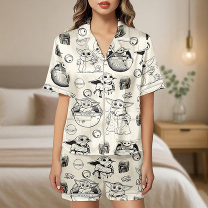 Grogu Baby Yoda Pajama Set, Star Wars Satin Shorts and Shirt, Sketch Print Sleepwear, Cute Mandalorian Gift for Her, Loungewear