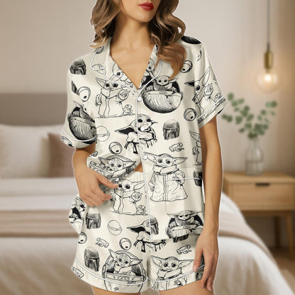 Grogu Baby Yoda Pajama Set, Star Wars Satin Shorts and Shirt, Sketch Print Sleepwear, Cute Mandalorian Gift for Her, Loungewear