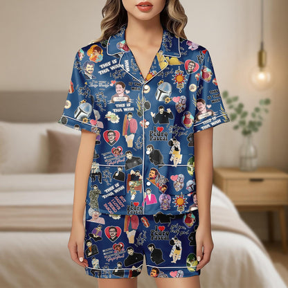 Pedro Pascal Pajama Set, Fan Collage Satin Shorts and Shirt, Funny Celebrity Sleepwear, Pop Culture Lounge Gift for Her