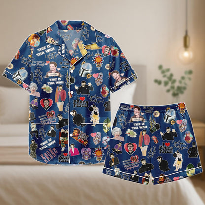 Pedro Pascal Pajama Set, Fan Collage Satin Shorts and Shirt, Funny Celebrity Sleepwear, Pop Culture Lounge Gift for Her