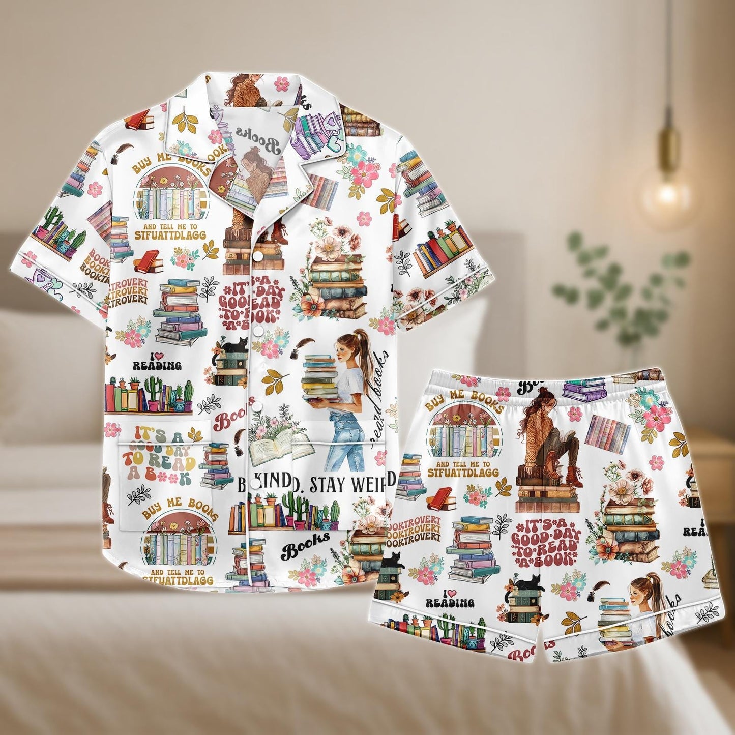 Book Lover Pajama Set, Reading Quote Satin Shorts and Shirt, Cute Book Print Sleepwear, Cozy Gift for Readers, Bookish Loungewear