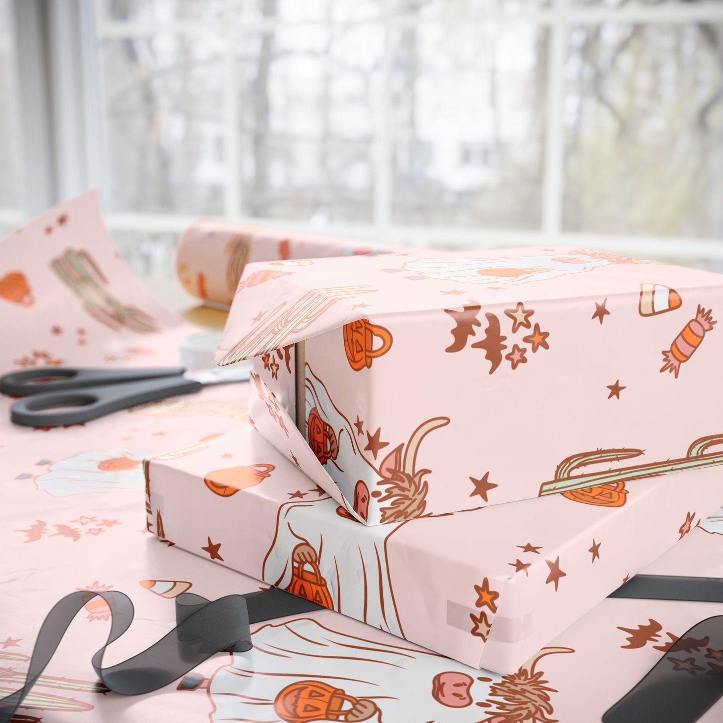 Western Halloween Wrapping Paper Roll, Spooky Highland cow Gift Wrap, Cowboy Halloween Gift Packaging, Rustic Trick or Treat
