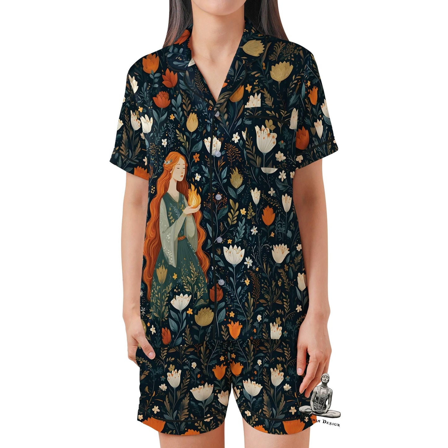 Brigid Pajamas Set Short Sleeves, Brigit Celtic Goddess Woman's Satin Pajama Short Sleeve Gift Celtic Deity