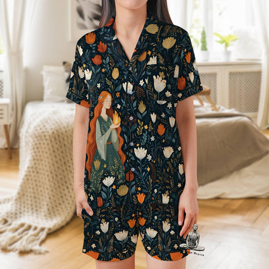 Brigid Pajamas Set Short Sleeves, Brigit Celtic Goddess Woman's Satin Pajama Short Sleeve Gift Celtic Deity