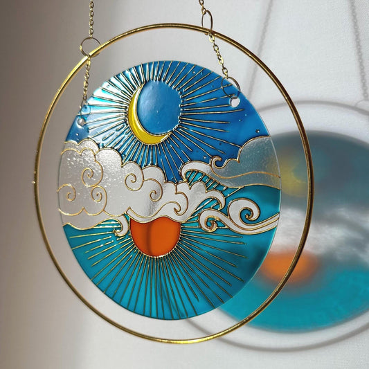Unique Suncatcher for window Sun Moon Cloud Mothers day gift Aesthetic room decor for every home Stained glass painting