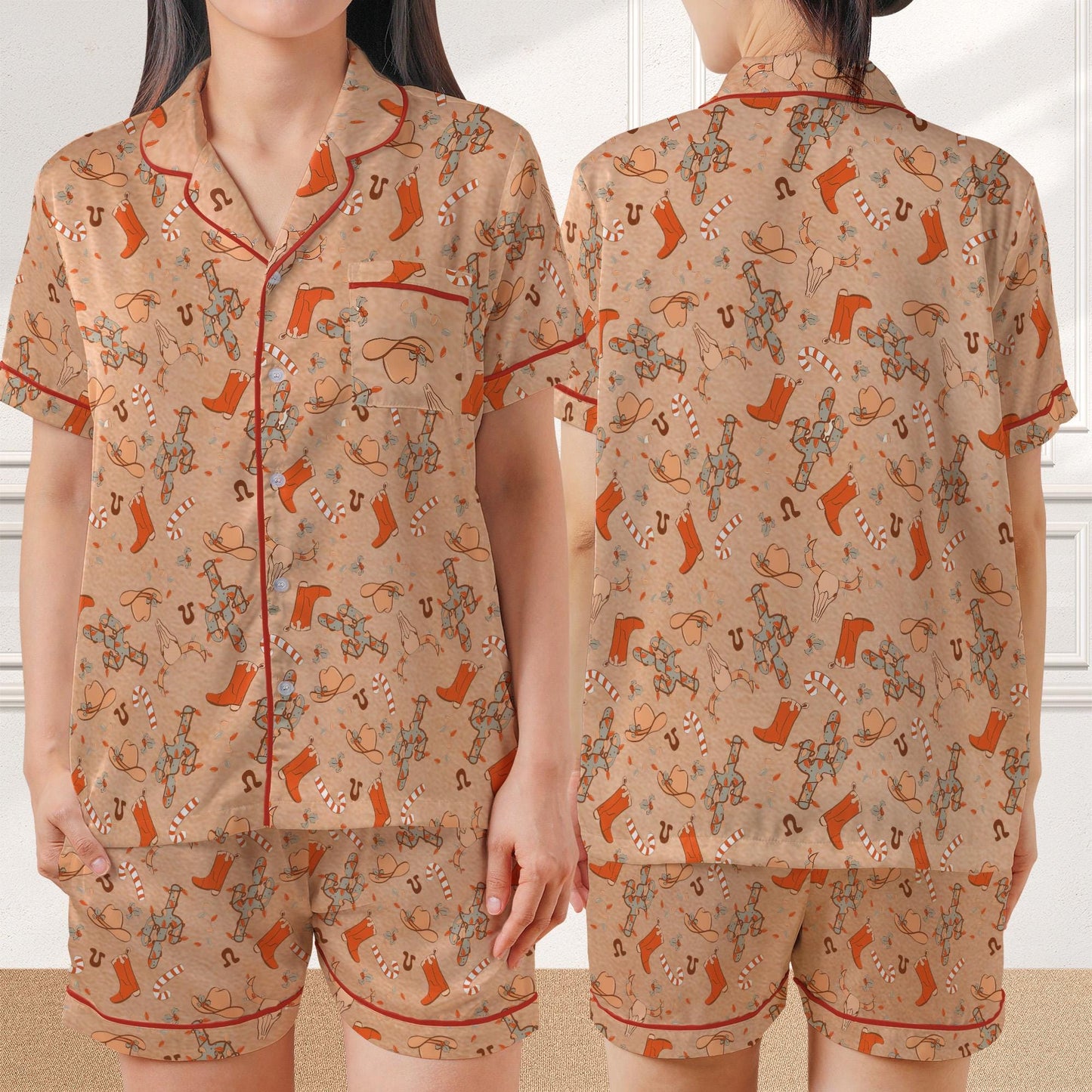 Christmas Western Pajama Set, Western Cowboy Cactus Sleepwear, Cowboy Christmas Loungewear Set, Country Christmas, Cowboy Boots Hat Christma