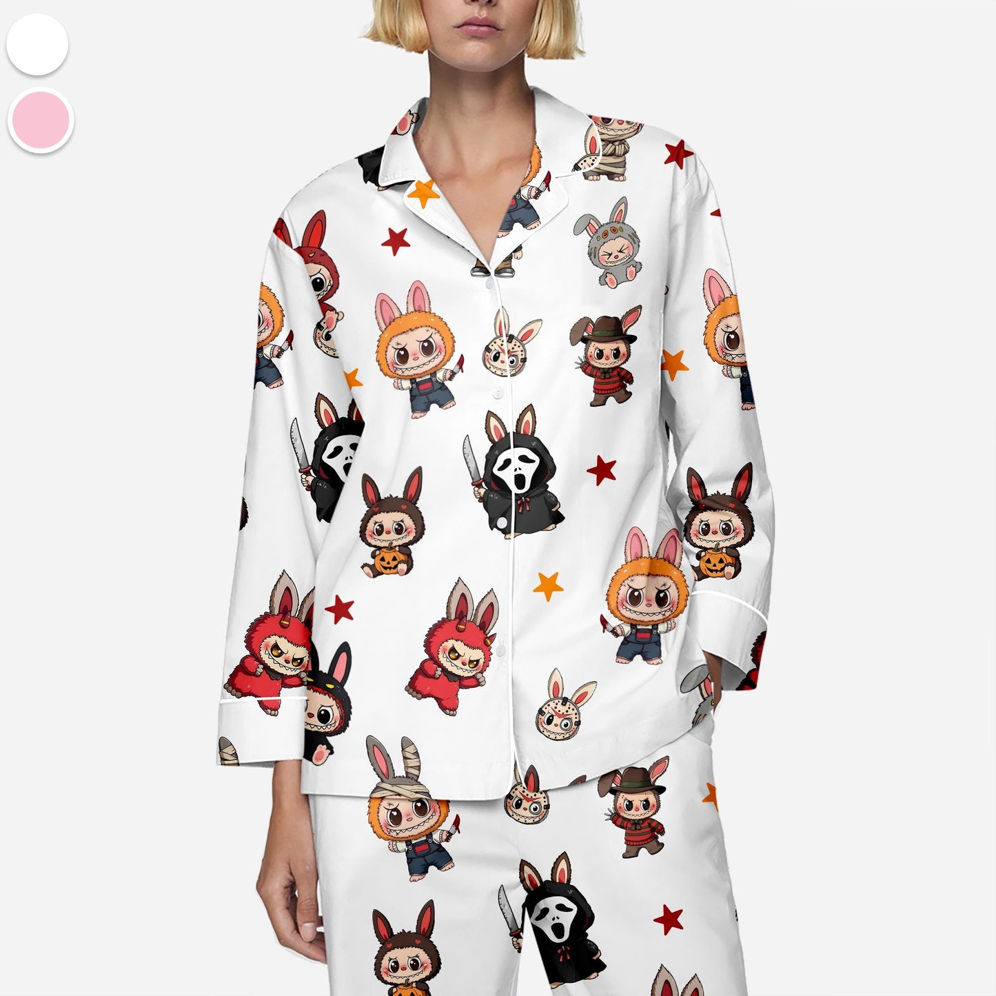 Labubu Horror Pajamas Set, Horror Character Pajamas, Button Up Sleepwear, Cozy Outfit for Horror Fans, Spooky Gifts for Men, Labubu Merch