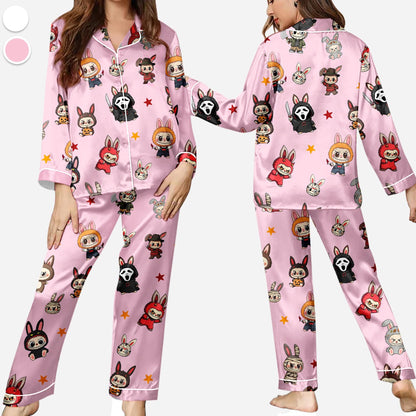 Labubu Horror Pajamas Set, Horror Character Pajamas, Button Up Sleepwear, Cozy Outfit for Horror Fans, Spooky Gifts for Men, Labubu Merch