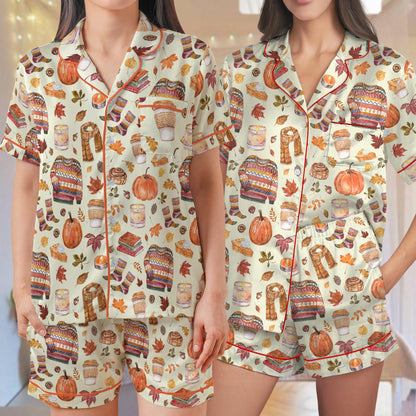 Fall Pajama Set, Pumpkin Season Sleepwear, Fall Harvest Loungewear Set, Autumn Doodle Pajamas, Cozy Season Pjs, Fall Coffee, Fall vibes