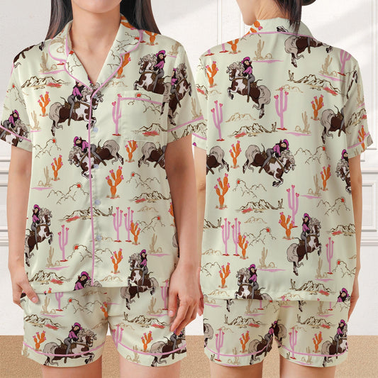 Cowgirl Pajama Set, Western Sleepwear, Cactus & Cowgirl Summer Loungewear Set, Rodeo Horse And Cactus Pajamas, Country Girl Pjs