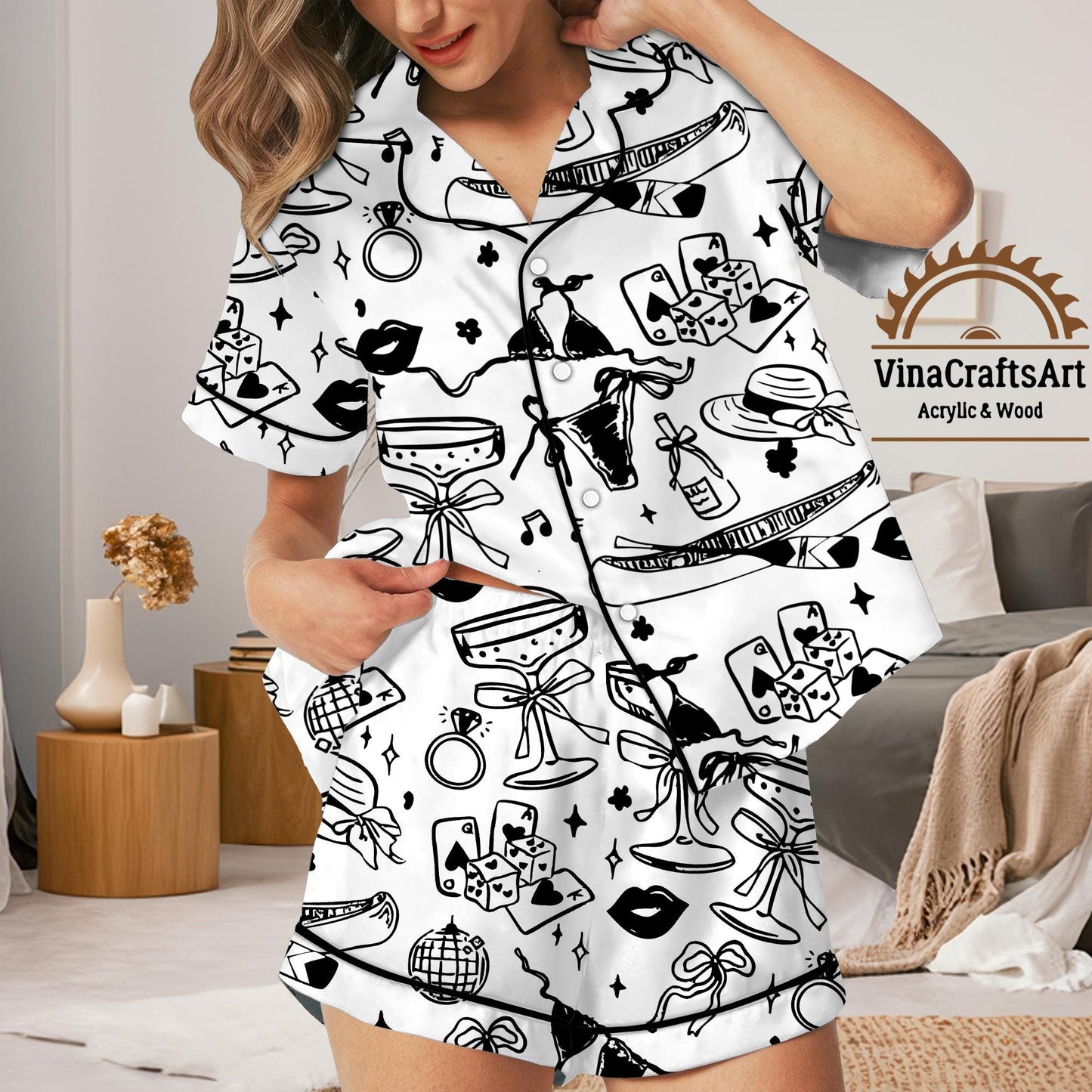 White Party Icons Pajama Set – Fun Cocktail & Dice Short and Long Sleeve Lounge Set – Women’s Chic Sleepwear with Nightlife Doodle