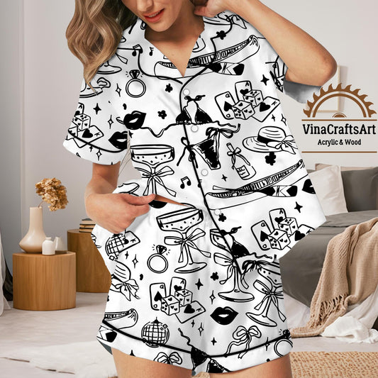 White Party Icons Pajama Set – Fun Cocktail & Dice Short and Long Sleeve Lounge Set – Women’s Chic Sleepwear with Nightlife Doodle