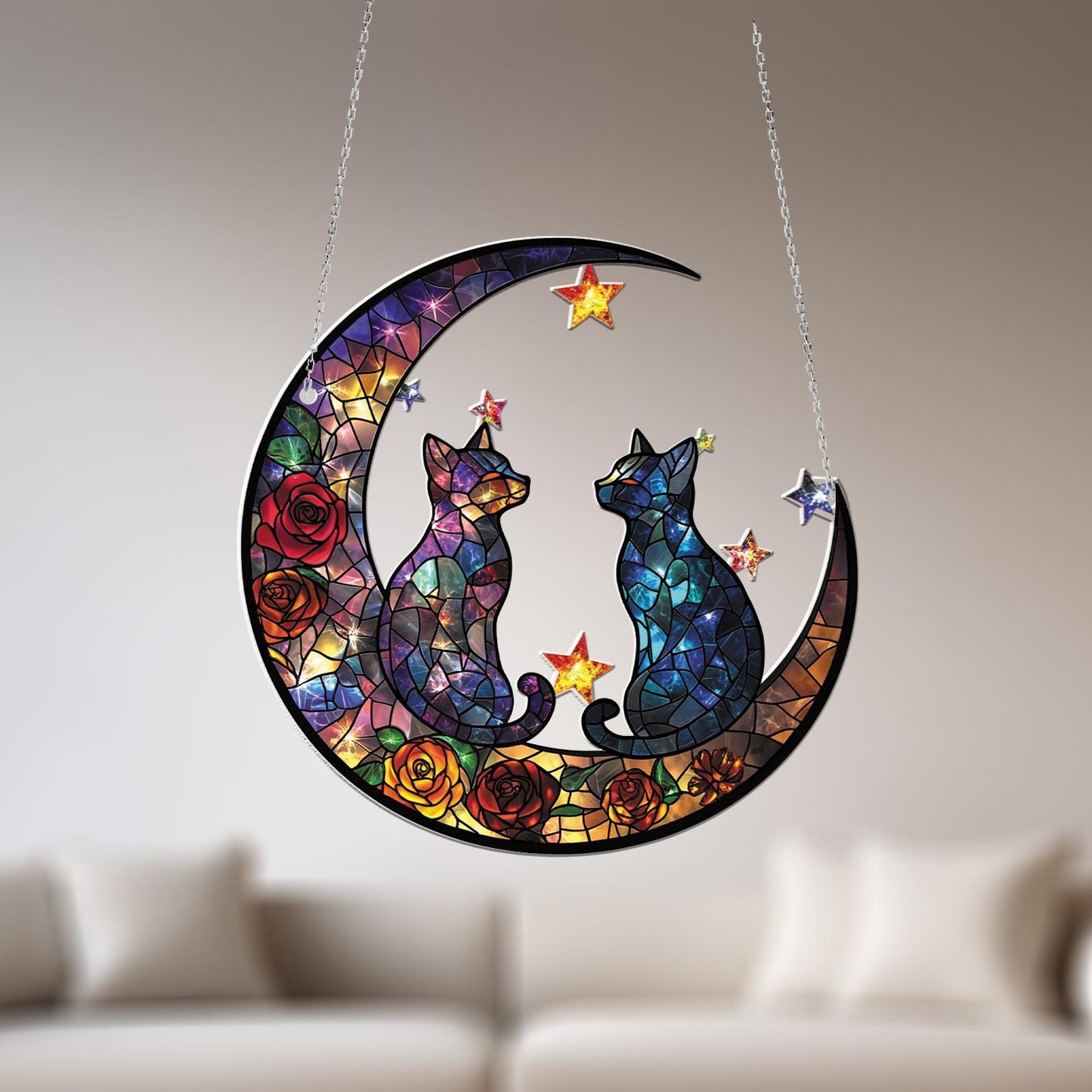 Romantic Cat Moon Window Hanging, Celestial Decor with Stars and Roses, Couple Gift, Cat Lover Decoration for Bedroom or Living Room