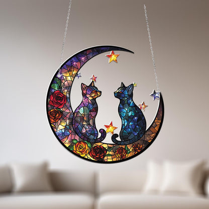 Romantic Cat Moon Window Hanging, Celestial Decor with Stars and Roses, Couple Gift, Cat Lover Decoration for Bedroom or Living Room