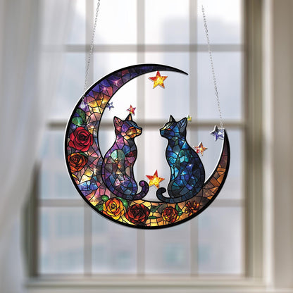 Romantic Cat Moon Window Hanging, Celestial Decor with Stars and Roses, Couple Gift, Cat Lover Decoration for Bedroom or Living Room