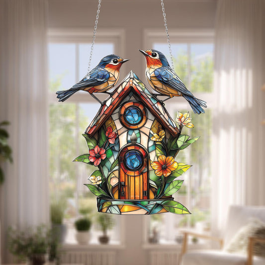 Birdhouse Window Hanging with Bluebirds and Flowers, Cottagecore Nature Decor, Spring Garden Ornament, Gift for Bird Lovers and Moms