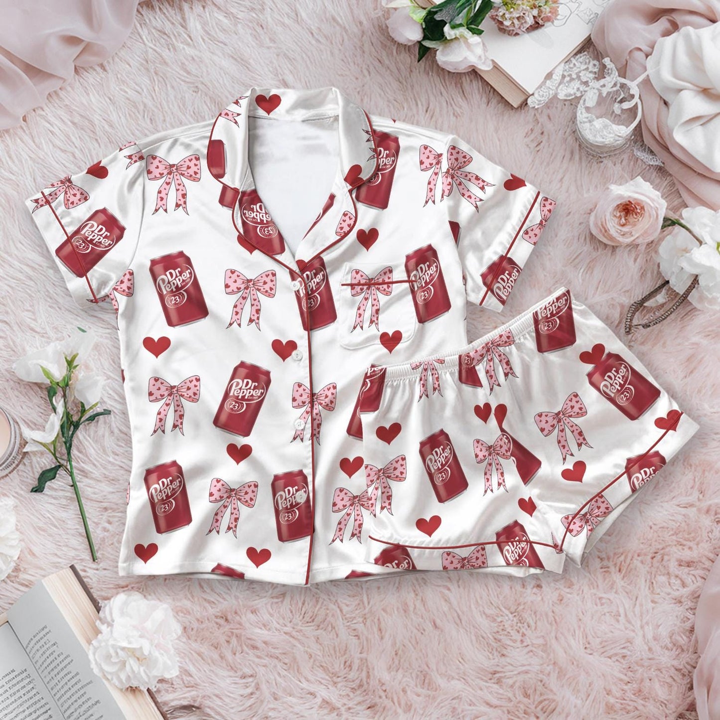 Dr Pepper Satin Pajamas Set, Dr Pepper Soda Lover Pajamas, Lover Drinks Loungewear, Coquette Diet Pepper Sleepwear, Gift for Dr Pepper Lover