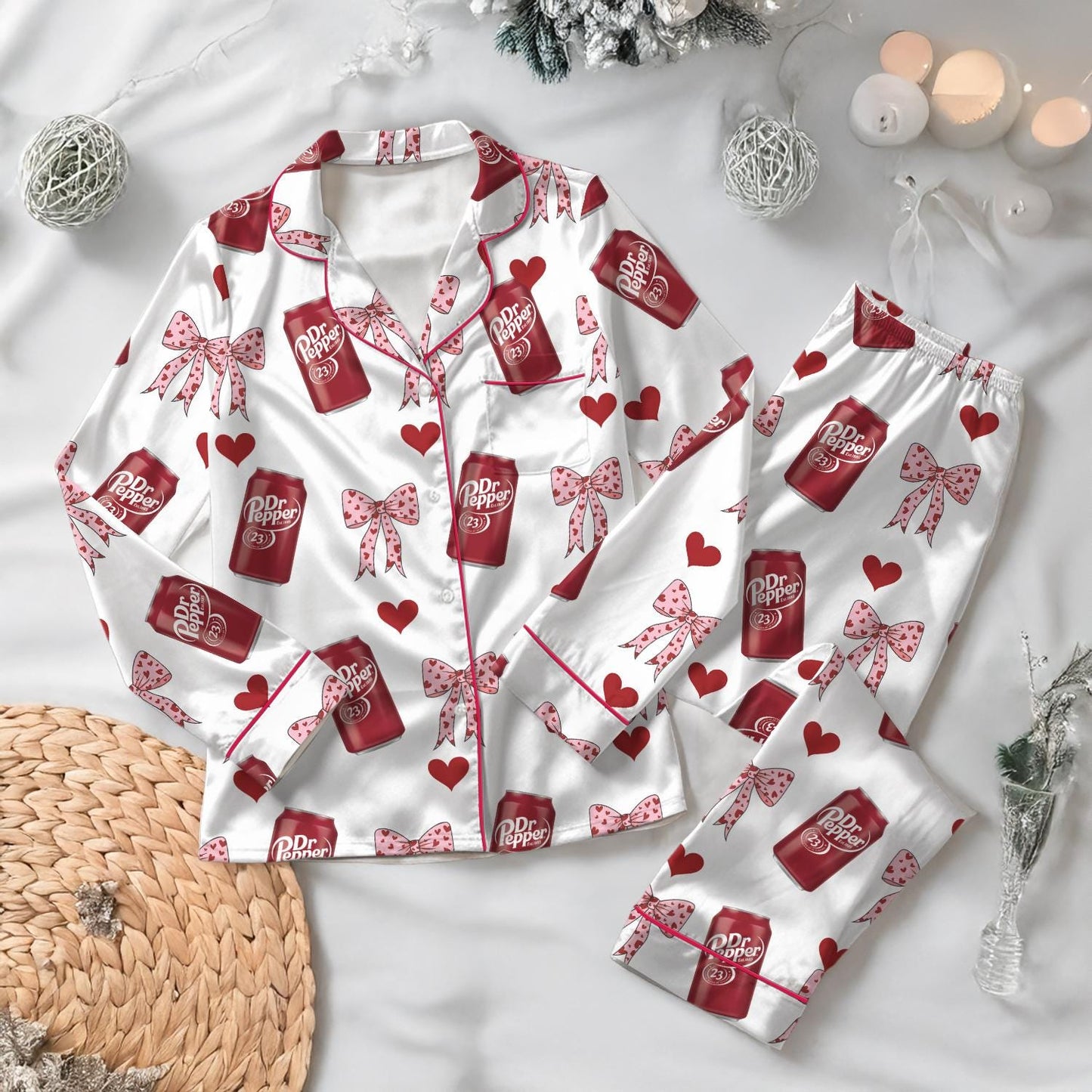 Dr Pepper Satin Pajamas Set, Dr Pepper Soda Lover Pajamas, Lover Drinks Loungewear, Coquette Diet Pepper Sleepwear, Gift for Dr Pepper Lover