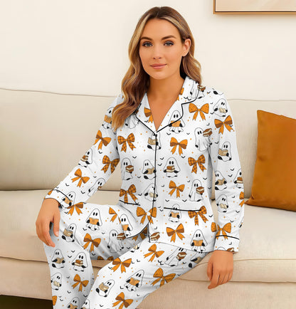 Halloween Ghost Reading Book Pajamas Set, Halloween Pattern Sleepwear, Coquette Bow Homewear, Fall Loungewear Set, Spooky Season Gift