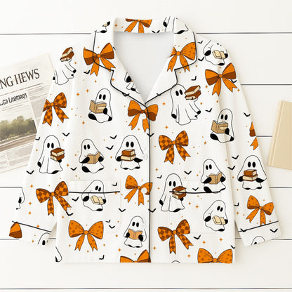 Halloween Ghost Reading Book Pajamas Set, Halloween Pattern Sleepwear, Coquette Bow Homewear, Fall Loungewear Set, Spooky Season Gift