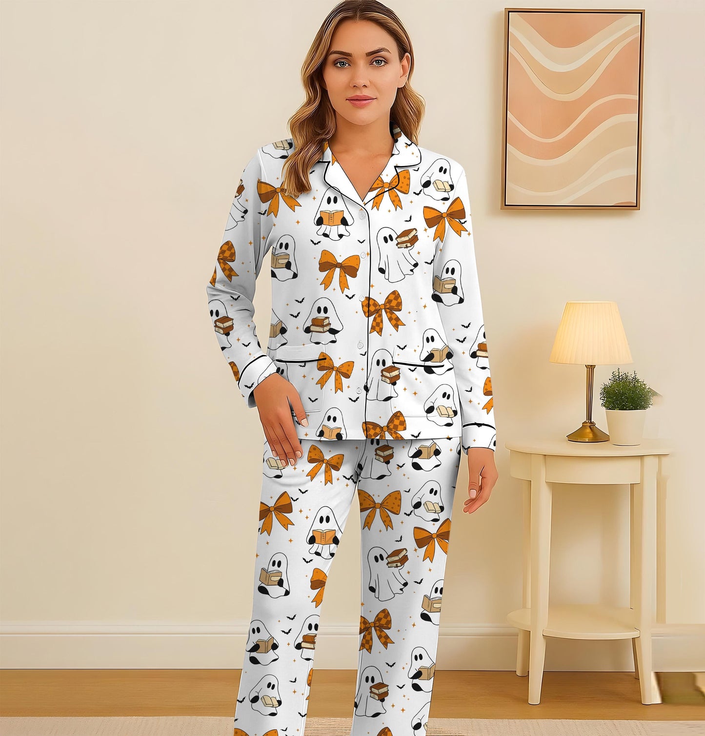 Halloween Ghost Reading Book Pajamas Set, Halloween Pattern Sleepwear, Coquette Bow Homewear, Fall Loungewear Set, Spooky Season Gift
