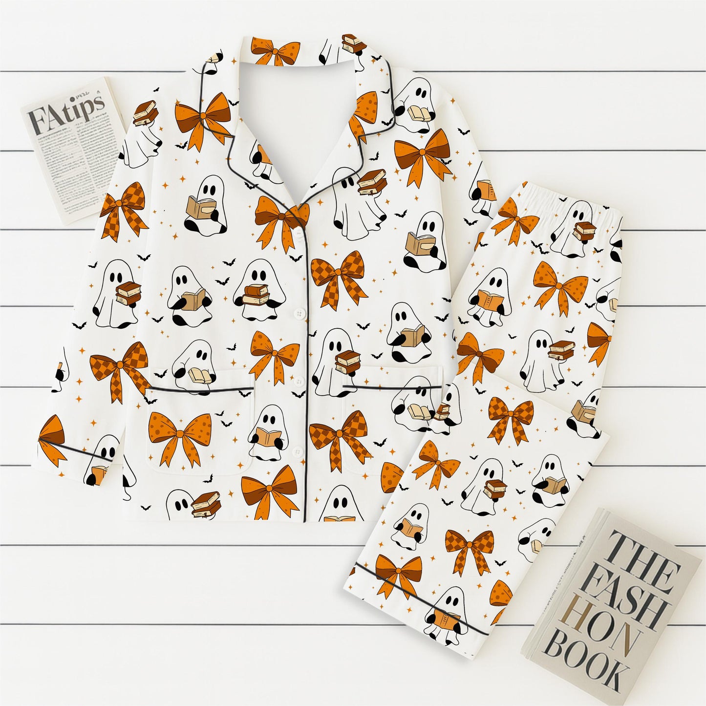 Halloween Ghost Reading Book Pajamas Set, Halloween Pattern Sleepwear, Coquette Bow Homewear, Fall Loungewear Set, Spooky Season Gift
