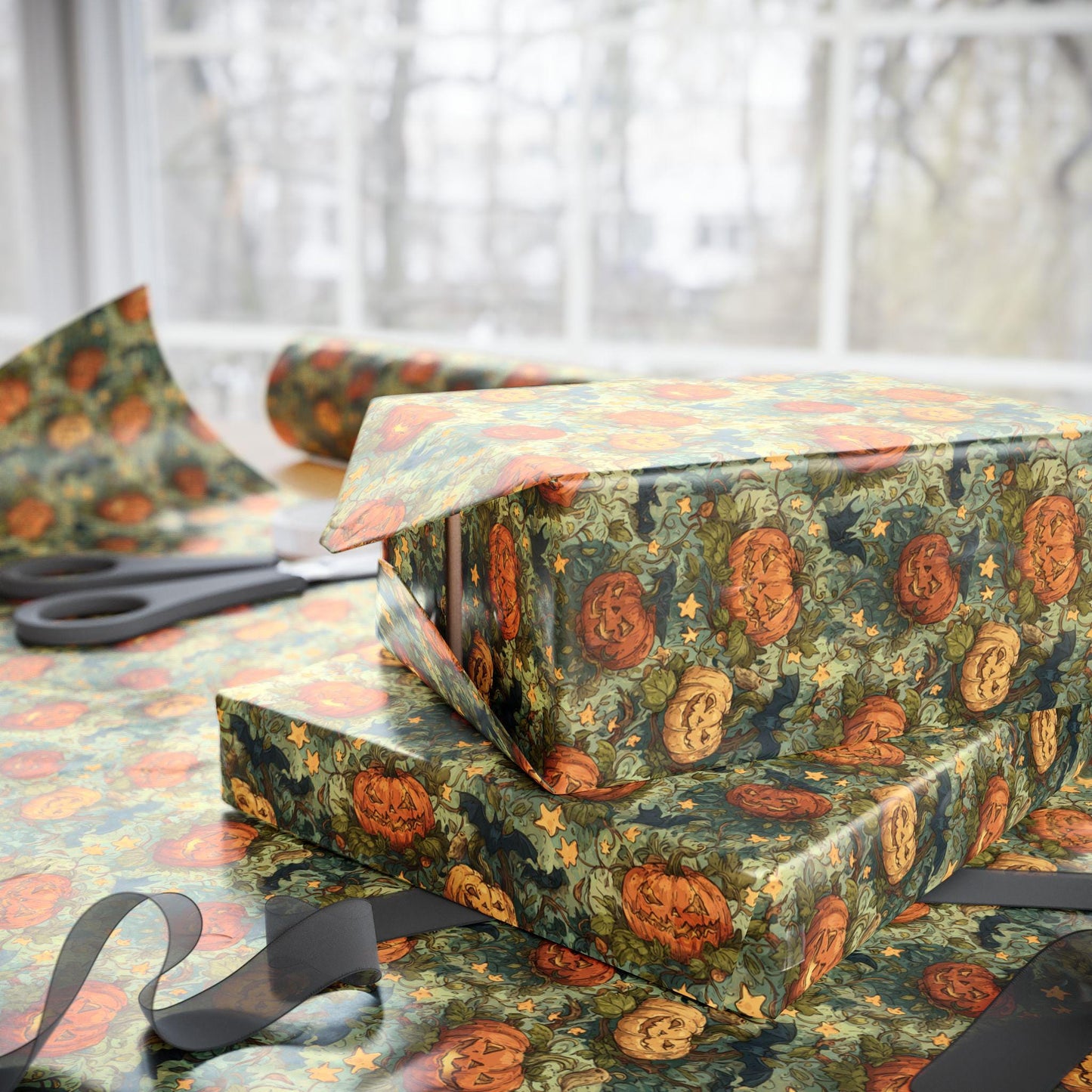 Halloween Gift Wrap Roll with Jack-o-Lantern Faces, Creepy Pumpkin Spooky Wrapping Paper for October Gifting