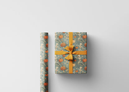 Dancing Skeletons Halloween Wrapping Paper Roll, Jack-o-Lantern Gift Wrap for Spooky Party Favors and Trick or Treat Gifts
