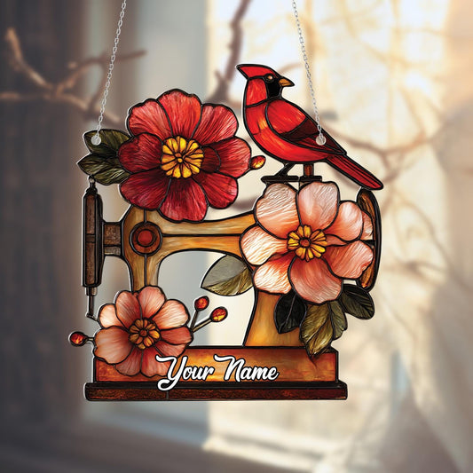 Custom Window Hanging Decoration, Personalized Sewing Machine Window Art, Cardinal and Floral Window Hanging Gift, Unique Home Window Decor