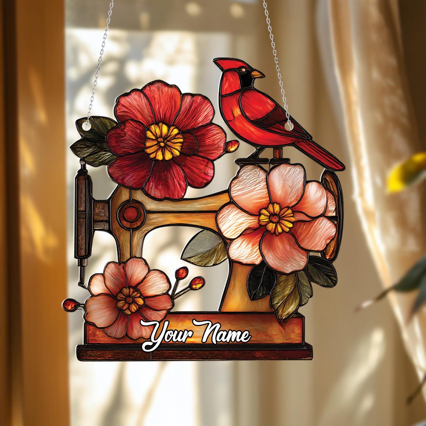 Custom Window Hanging Decoration, Personalized Sewing Machine Window Art, Cardinal and Floral Window Hanging Gift, Unique Home Window Decor