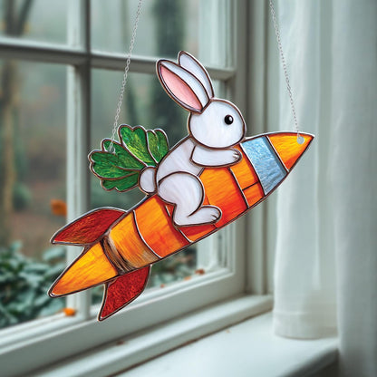 Cute Bunny Window Hanging Decoration, Carrot Rocket Window Art, Whimsical Animal Window Hanging, Fun Kids Room Decor, Unique Gift Idea