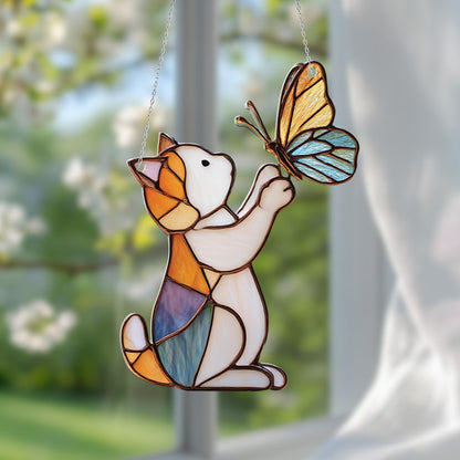 Cat and Butterfly Window Hanging, Cute Animal Window Decor, Whimsical Kitty Window Art, Playful Window Hanging Gift, Unique Home Decoration