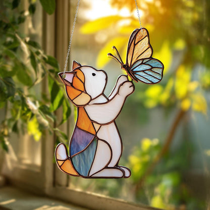 Cat and Butterfly Window Hanging, Cute Animal Window Decor, Whimsical Kitty Window Art, Playful Window Hanging Gift, Unique Home Decoration
