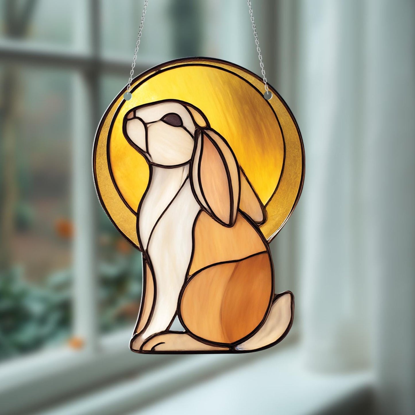 Bunny Window Hanging Decoration, Rabbit Window Art with Golden Sun, Whimsical Animal Window Decor, Cute Bunny Lover Gift, Unique Home Accent