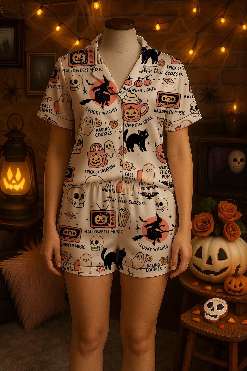 Halloween Tis The Season Satin Pajama Set for Women, Long Sleeve Sleepwear w Cute Pumpkin & Ghost Print, Cozy Fall Loungewear, Spooky Gift  Pajamas Set