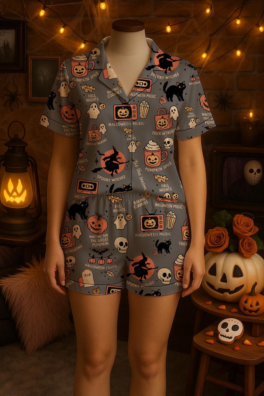 Halloween Tis The Season Satin Pajama Set for Women, Long Sleeve Sleepwear w Cute Pumpkin & Ghost Print, Cozy Fall Loungewear, Spooky Gift  Pajamas Set